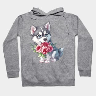 Valentine Siberian Husky Dog Giving Flowers Hoodie